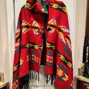 Native American Patterned Red Multivolored Hooded Cape OSFM